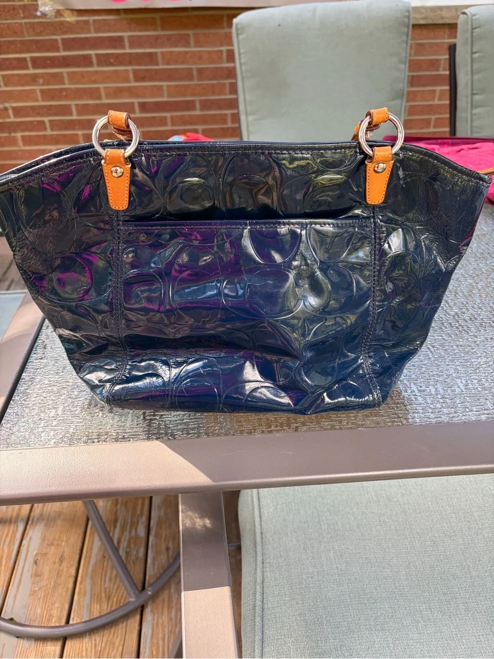 Coach Navy Patent Shoulder Bag with Tan Straps